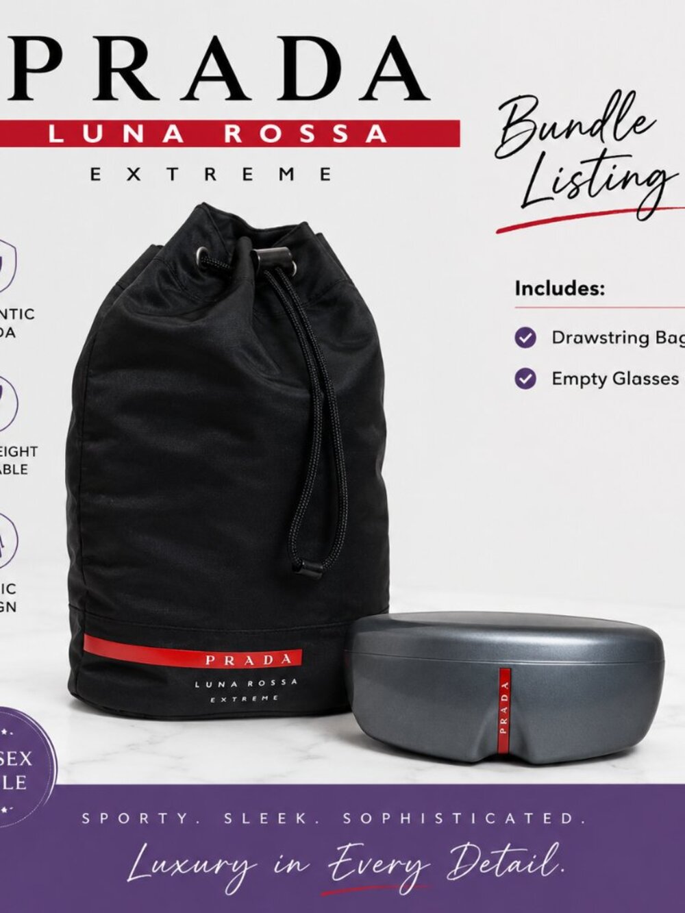 Prada Luna Rossa Extreme Drawstring Bag + Empty Glasses Case Black Travel Bundle - Picture 8 of 9